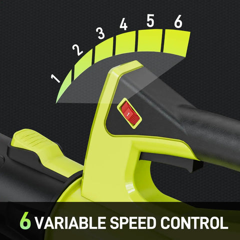Close-up of Cordless Leaf Blower 500 CFM 21V With 4.0Ah Battery showing 6 speed control dial.