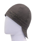 Side view of Workhorse Flame Resistant Welding Cap 10 Oz Cotton Duck Exterior With Water Repellent Oil Resistant Finish Two Sided Six Panel Welder Hat With Plaid Inner Lining ATPV 14 Arc Shield Size Seven And Three Eighths Green on mannequin head.
