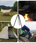 Collage featuring Campfire Tripod Grill Stand With Adjustable Height Ultra Portable Aluminum Cooking Gear in outdoor settings.