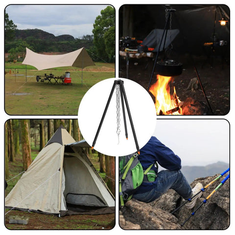 Collage featuring Campfire Tripod Grill Stand With Adjustable Height Ultra Portable Aluminum Cooking Gear in outdoor settings.