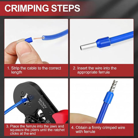Premium Ferrule Crimping Tool Kit With 1300 PC Assorted Wire Terminals And Self Adjusting AWG 22 To 8 Gauge Crimper showing crimping steps