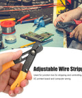 Adjustable Wire Stripper And Cutter Pliers For Home Wiring No Fuss Precise Stripping 0.5 To 4.0mm Range Yellow Handle Durable Hand Tool For Appliances And Electronics Projects shown on a workbench.