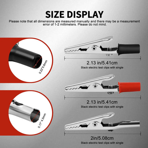 Size details of 50 Pack Small Alligator Clip Test Clamps With Plastic Grips Red And Black 25 Each Kit For Wires And Joints.