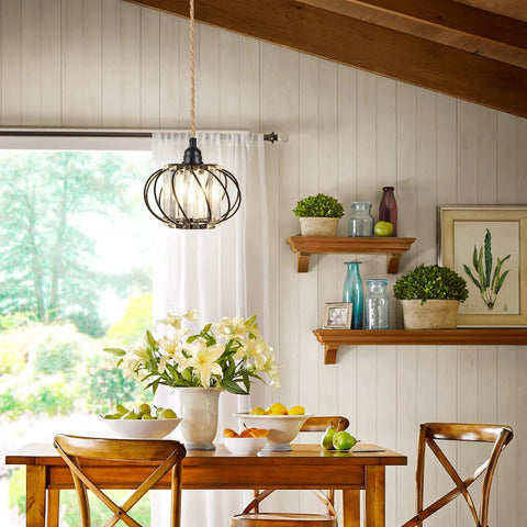 Industrial Pendant Light With Crystal Elements And Plug In Cord, 16.4Ft Hemp Rope Hanging Lamp In Black Cage over dining table