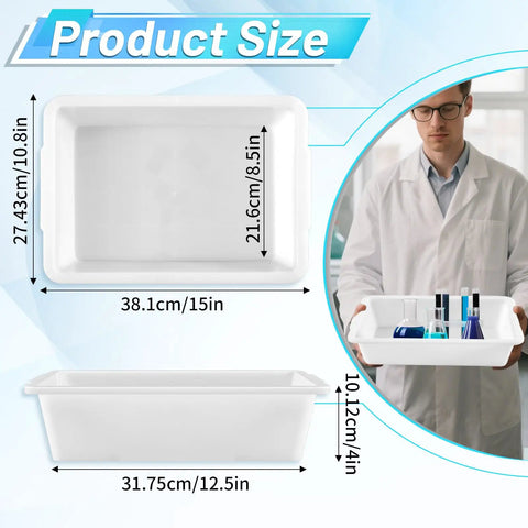 Six Pack Polypropylene Lab Containment Trays 15 L By 10.8 W By 4 H Durable Workhorse Temperature Resistant Plastic shown with scientist