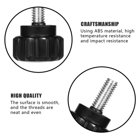 Close-up view of 12 Pack M4 X 10 mm Knurled Thumbscrews Carbon Steel Black Round Clamping Knobs for Monitor Mounts and VESA Screws.