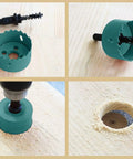 Two And Three Quarters Inch Bi Metal Hole Saw With Arbor And Bits for smooth cuts in wood, shown drilling and completed hole.