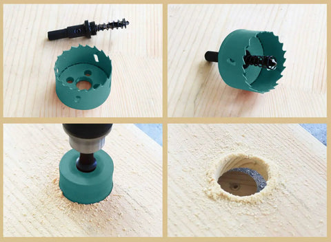 Two And Three Quarters Inch Bi Metal Hole Saw With Arbor And Bits for smooth cuts in wood, shown drilling and completed hole.