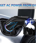 Portable V2L Converter For Electric Vehicles Morphs Charging Port Into Legit US AC Outlet, showing connection with power sparks.