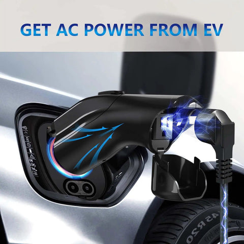 Portable V2L Converter For Electric Vehicles Morphs Charging Port Into Legit US AC Outlet, showing connection with power sparks.
