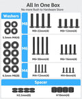 Pro No Sweat Top Shelf Universal TV Mounting Hardware Screw Kit includes M4 M6 M8 bolts, washers, and spacers in an organized box.