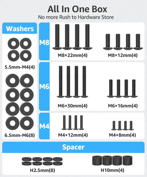 Pro No Sweat Top Shelf Universal TV Mounting Hardware Screw Kit includes M4 M6 M8 bolts, washers, and spacers in an organized box.