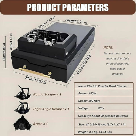Slick Electric Portafilter Cleaner For 58 Mm Espresso Machines With 300 Rpm Motor and Detachable Knock Box combo features with dimensions and included tools.