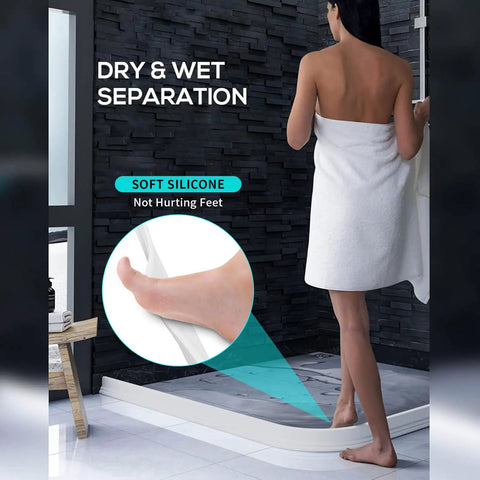 Collapsible Silicone Shower Threshold Water Dam Barrier in curbless shower, flexible, easy to shape, ensures wet-dry separation, white