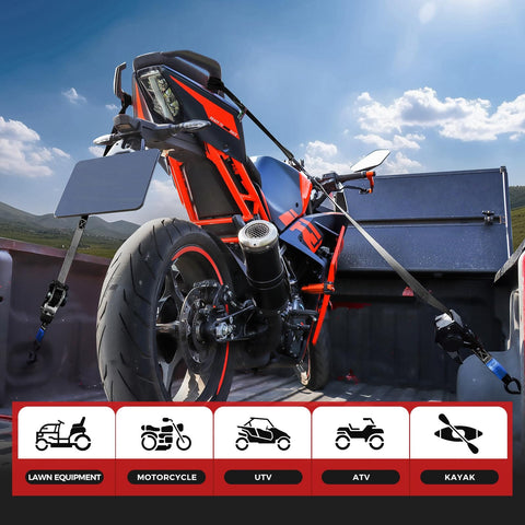 Heavy Duty Self Retracting Tie Down Straps 1 Inch By 12 Feet With Soft Loops, 1500 Pound Break Strength securing a motorcycle