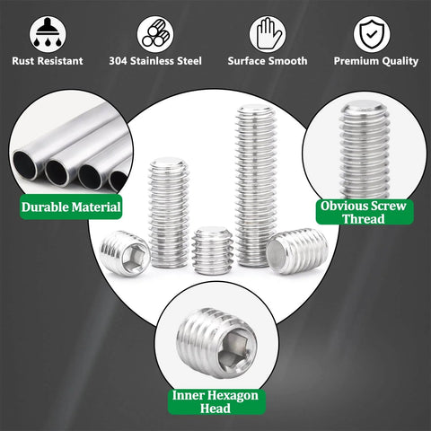 710 Piece Beefy Stainless Steel Set Screw Kit Metric And SAE With Hex Socket Cup Point Screws with inner hexagon heads.