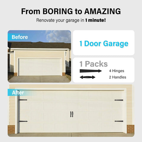 Magnetic Garage Door Decor Hardware Kit Set Of 6 Faux Hinges And Handles For Curb Appeal shown before and after installation