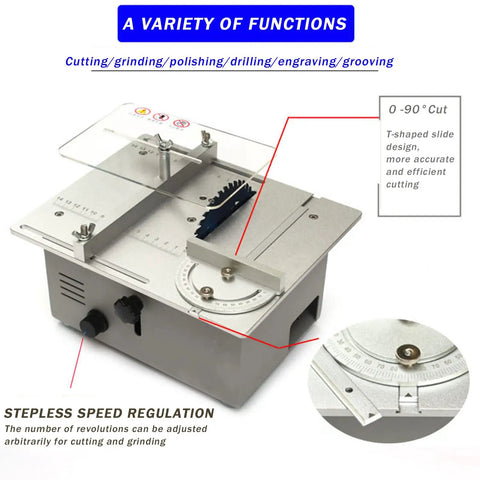 Mini Dual Motor Table Saw With 360W For Hella Precise Woodworking Cuts And Sweet Home Shop Projects Featuring Badass Aluminum Alloy Platform Setup Now showing T-shaped slide design for efficient cutting.