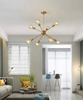 Modern living room with Dope Gold Sputnik Chandelier Modern Brass Lighting Set With Eight-Light Ceiling Fixture