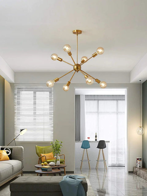 Modern living room with Dope Gold Sputnik Chandelier Modern Brass Lighting Set With Eight-Light Ceiling Fixture