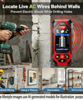 Rugged Seven In One Wall Scanner Stud Finder With Integrated Laser Distance Meter detecting live AC wires behind a wall.