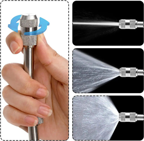 Beefed Up 28 Inch Stainless Sprayer Wand With Brass Barbs For One Quarter And Three Eighth Inch Hoses close-up with nozzle in use