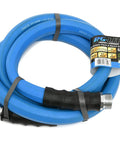 Blue rubber garden hose, 3/4 in x 6 ft, all-rubber construction with metal fittings, coiled.