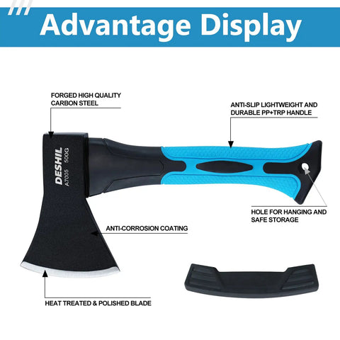 Rugged Workhorse 10 Inch Outdoor Hatchet For Camping Use Forged Carbon Steel Heat Treated With Fiberglass Non Slip Grip In Blue