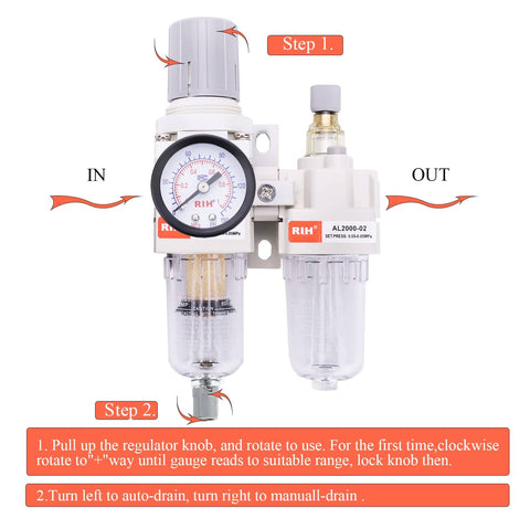 1/4 NPT Air Filter Regulator Lubricator Combo With Auto Drain And Manual Drain Water Oil Separator front view with gauge