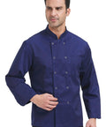 Mens Long Sleeve Chef Coat Breathable Kitchen Cooking Uniform With Smart Pockets And Easy Collar, Navy color, ideal for commercial kitchens.