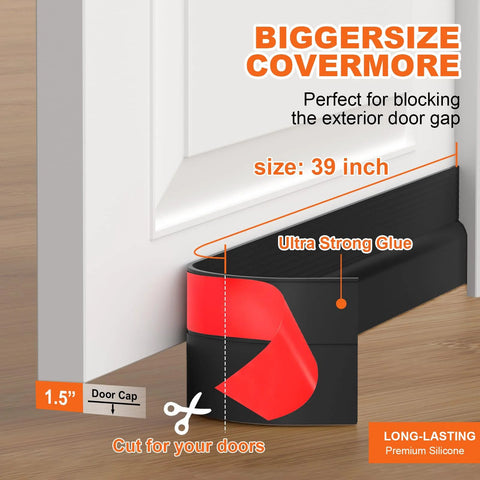 OXRQ door draft stopper, front view, 39-inch black silicone door sweep for bottom gap sealing.