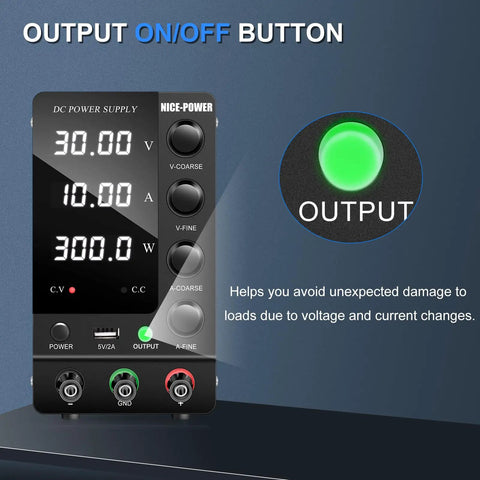 Variable DC Power Supply 30V 10A Benchtop Pro-Grade Regulated Switching Power Supply With On Off Output Switch shown with LED display and buttons.