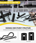 Carbon Steel Clevis Pin And R Clips Kit 100 Piece Assortment with 10 sizes shown in a clear case for DIY projects.