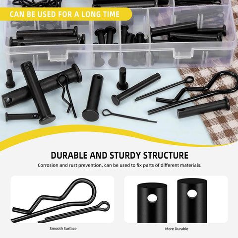 Carbon Steel Clevis Pin And R Clips Kit 100 Piece Assortment with 10 sizes shown in a clear case for DIY projects.