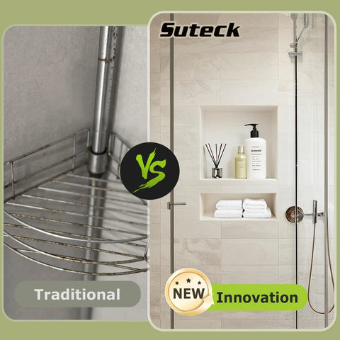 Comparison between traditional shower shelf and Recessed Shower Niche Organizer With Two-Tier Shelves, 14x16.5 Big Grid And 14x6 Small Grid.