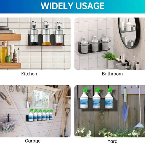 Solid Two Pack Aerosol Bottle Holder Wall Mount For Spray Cans Beefy Steel Storage Rack in kitchen and bathroom settings.