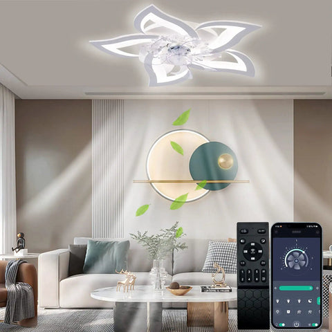 2 In 1 Modern Ceiling Fan With Lights Remote App Control Flush Mount LED Dimmable Lighting White Finish For Living Room