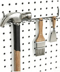 80 Piece Pegboard Hook Set With Bins And Locks For DIY Tool Organization, hammer, brush, scraper on pegboard