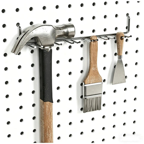 80 Piece Pegboard Hook Set With Bins And Locks For DIY Tool Organization, hammer, brush, scraper on pegboard