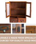 Wood Storage Cabinet With Clear Display Door Wall Shelf 12x14x5 Inches for Pantry Organization, open view showing shelves and drawers.