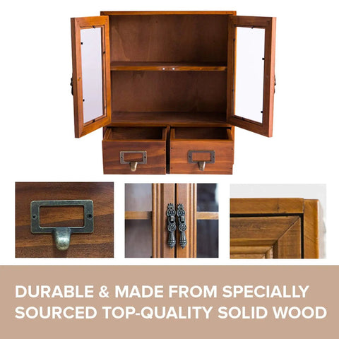 Wood Storage Cabinet With Clear Display Door Wall Shelf 12x14x5 Inches for Pantry Organization, open view showing shelves and drawers.