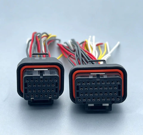 Heavy Duty 26 Plus 34 Pin Ecu Connector Harness Kit With Pre Wired Pdm Wiring Looms shown from the front with colorful wires.