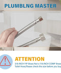 Hand holding 16-Inch Toilet Water Supply Line With Three Eighths Inch Compression To Seven Eighths Inch Ballcock Brass Nut, SUS304 Stainless Steel Braided Hose, Built To Last Inlet Connector With Anti-Leak EPDM Gasket, FL003-16 in front of toilet with warning text.