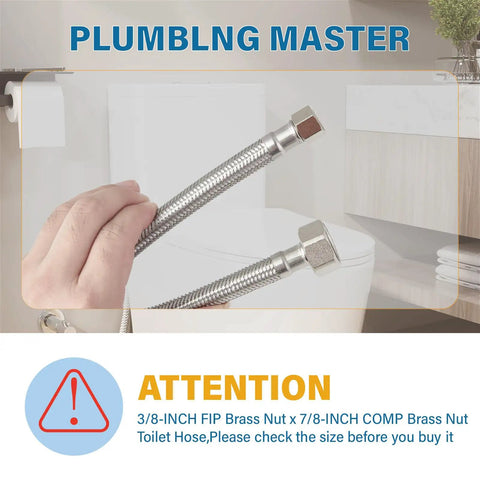 Hand holding 16-Inch Toilet Water Supply Line With Three Eighths Inch Compression To Seven Eighths Inch Ballcock Brass Nut, SUS304 Stainless Steel Braided Hose, Built To Last Inlet Connector With Anti-Leak EPDM Gasket, FL003-16 in front of toilet with warning text.