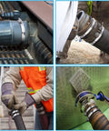 Four applications of 20 Pcs 304 Stainless Steel Adjustable 44-108mm Range Worm Gear Hose Clamps on different hoses and connectors