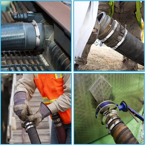 Four applications of 20 Pcs 304 Stainless Steel Adjustable 44-108mm Range Worm Gear Hose Clamps on different hoses and connectors