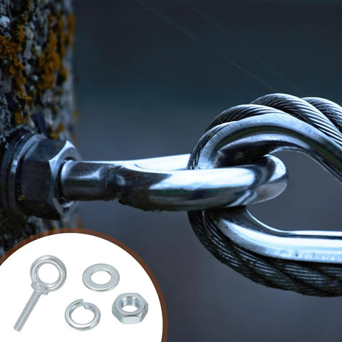 Beefy Five Pack M8 Galvanized Carbon Steel Eye Bolts With Nuts And Washers Heavy Duty Screw Eye Bolts Kit For Tie Down Straps Indoors Outdoors 5/16 Inch By 1.57 Inch Lifting Rings Silver close-up with washer and nut