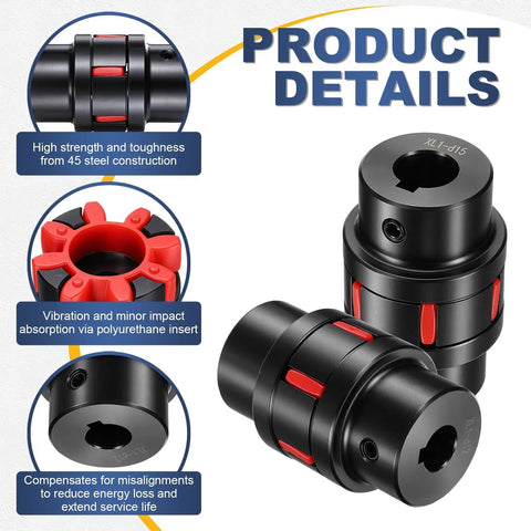 Flexible Jaw Shaft Coupling For 12mm To 15mm Bore, 40mm Diameter 45 Steel Motor Connector, High Torque Shaft Coupler For 3D Printers, CNC Machines, Servo And Stepper Motors, black and red