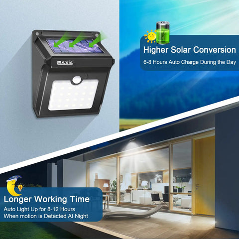 Solar Outdoor Security Lights Wireless Motion Sensor Waterproof LED Path Lighting for Front Door Backyard Steps Garage Garden with 400LM Output 4 Pack Durable Weatherproof Design illustrating solar charging and night use by entryway.