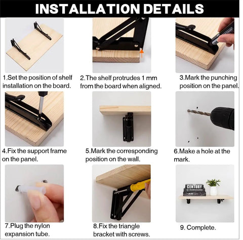 Installation guide for Heavy Duty Folding Shelf Brackets 12 Inch 2 Pack with step-by-step visuals and tools.